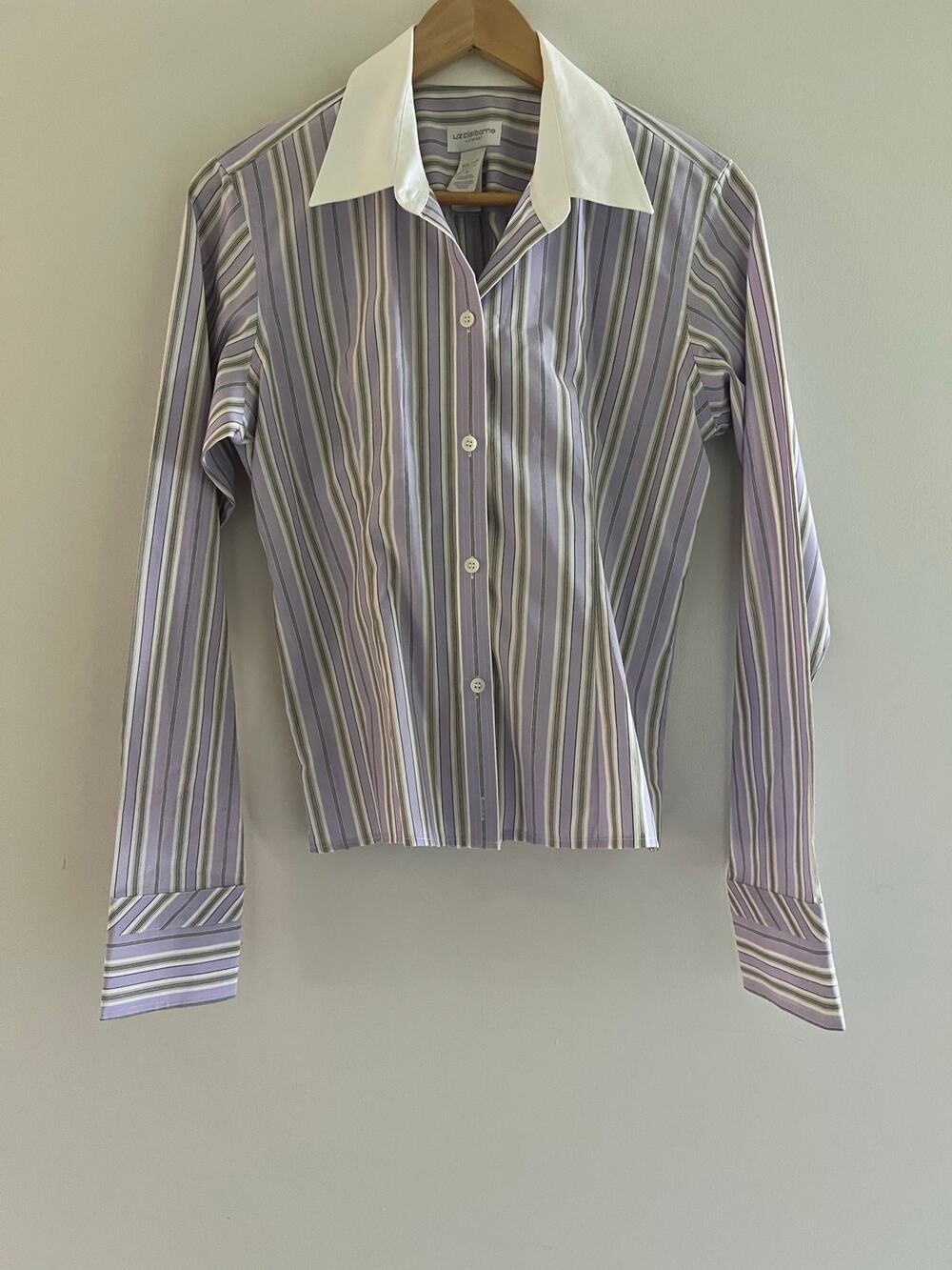 Liz Claiborne Button Down Shirt Purple Stripes White Contrast Collar Size 8 JL